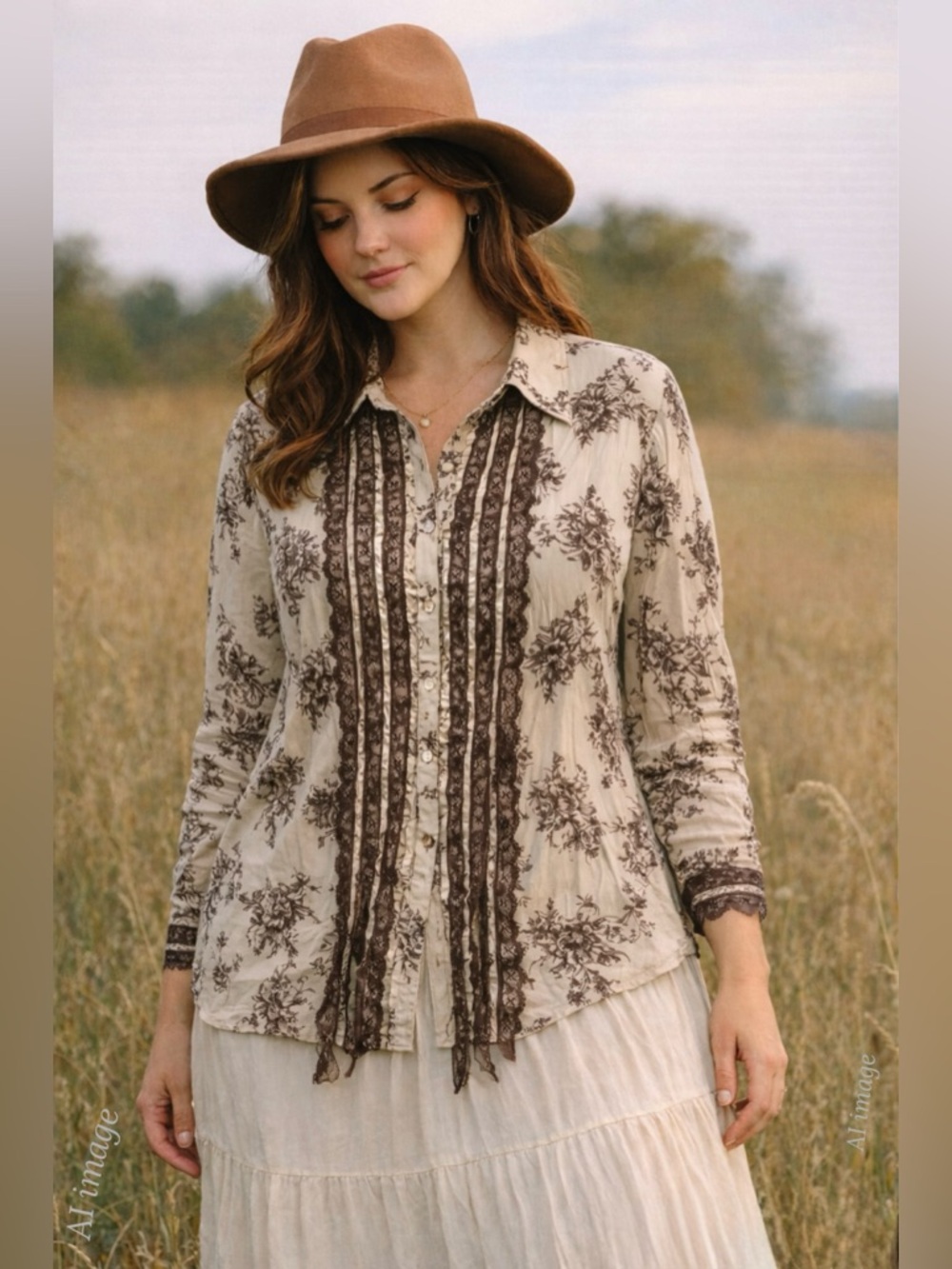 Vintage Lace Ribbon Blouse XL Cream Brown Romantic Cottagecore